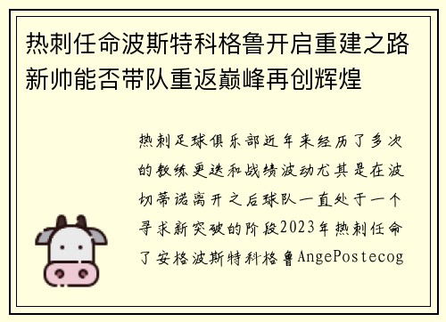 热刺任命波斯特科格鲁开启重建之路新帅能否带队重返巅峰再创辉煌 热刺任命波斯特科格鲁开启重建之路新帅能否带队重返巅峰再创辉煌